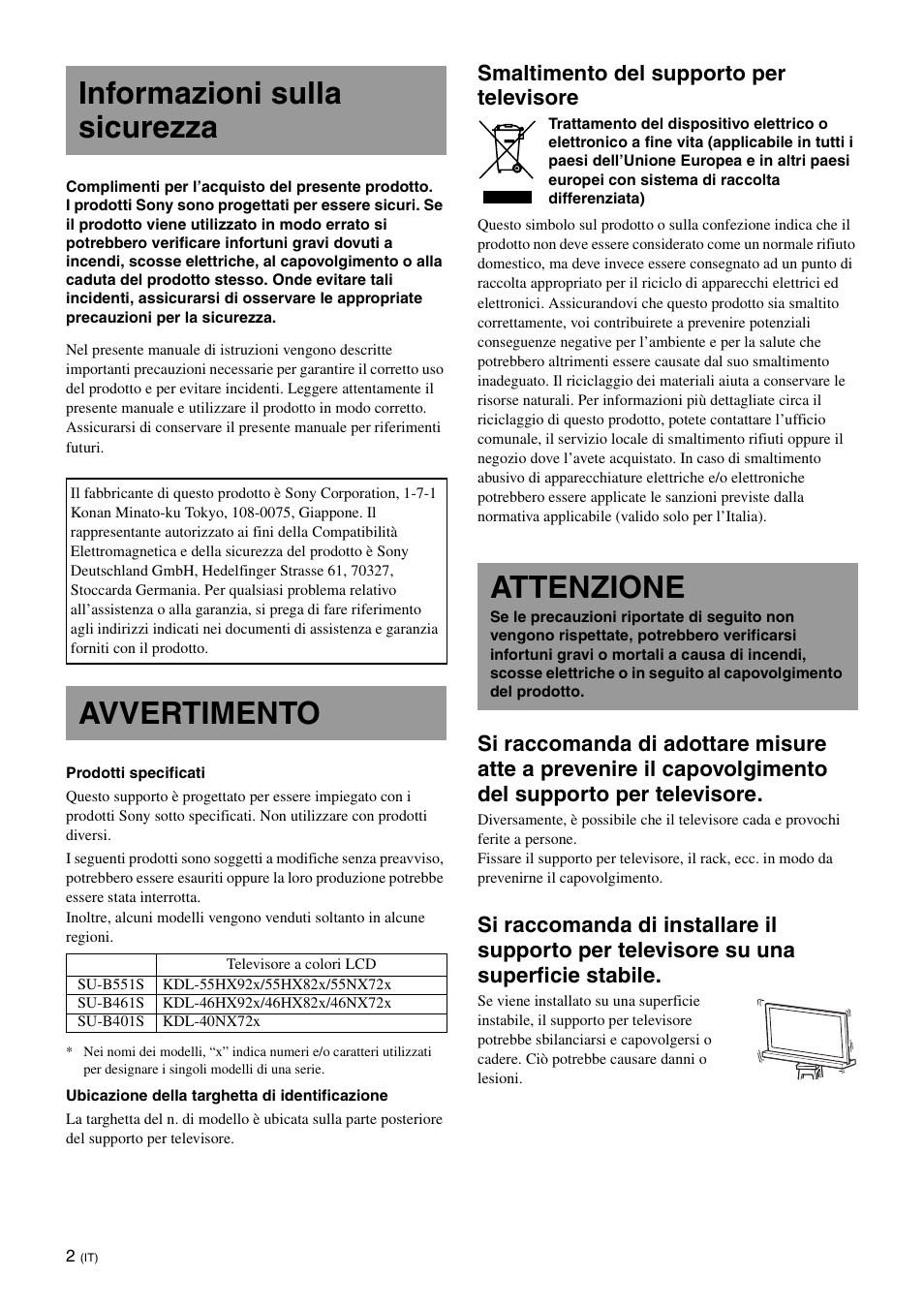 Informazioni sulla sicurezza, Avvertimento, Attenzione | Smaltimento del supporto per televisore | Sony SU-B461S User Manual | Page 62 / 255