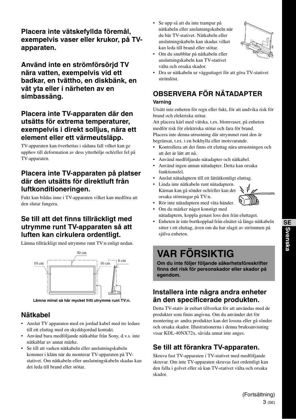 Var försiktig, Nätkabel, Observera för nätadapter | Se till att förankra tv-apparaten | Sony SU-B461S User Manual | Page 75 / 255