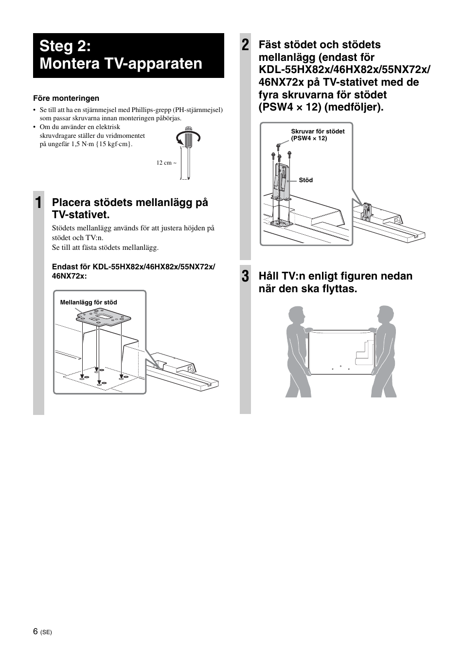 Steg 2: montera tv-apparaten, Steg 2: montera tv-apparaten 1, Placera stödets mellanlägg på tv-stativet | Håll tv:n enligt figuren nedan när den ska flyttas | Sony SU-B461S User Manual | Page 78 / 255