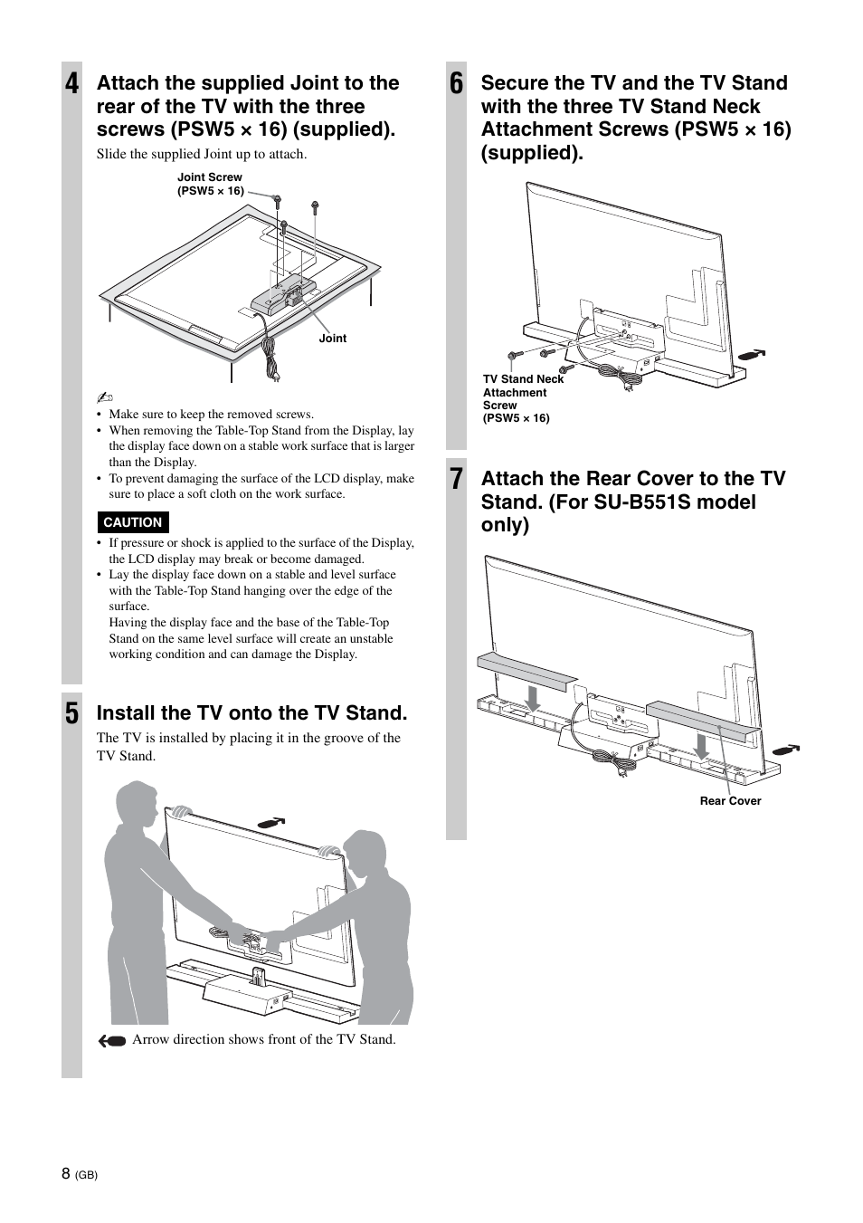 Install the tv onto the tv stand | Sony SU-B461S User Manual | Page 8 / 255
