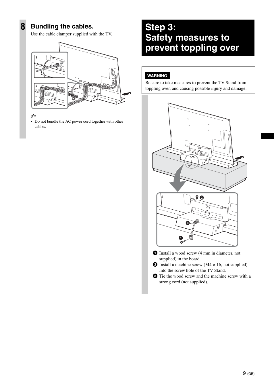 Step 3: safety measures to prevent toppling over, Bundling the cables | Sony SU-B461S User Manual | Page 9 / 255