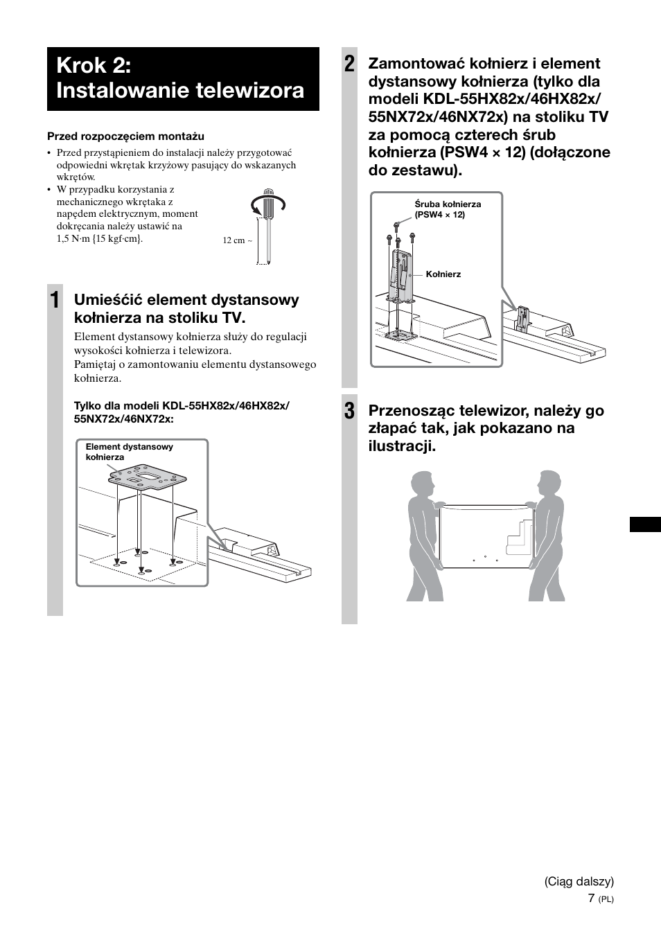 Krok 2: instalowanie telewizora, Krok 2: instalowanie telewizora 1 | Sony SU-B461S User Manual | Page 91 / 255