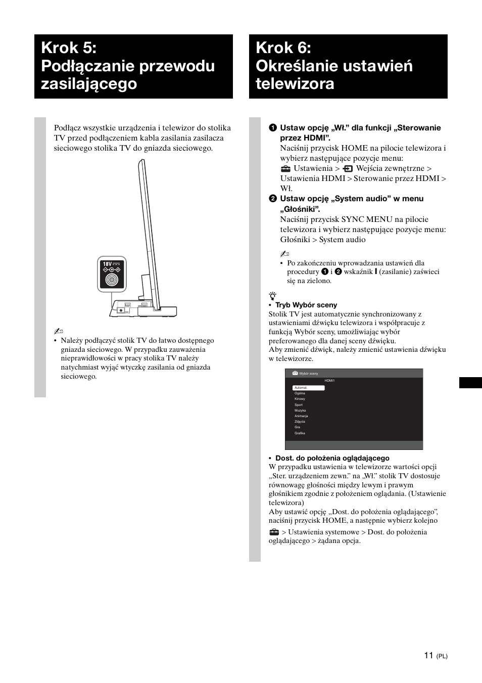 Krok 5: podłączanie przewodu zasilającego, Krok 6: określanie ustawień telewizora | Sony SU-B461S User Manual | Page 95 / 255