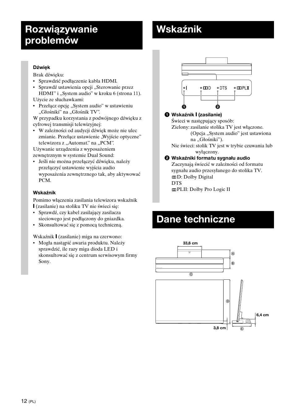 Rozwiązywanie problemów, Wskaźnik, Dane techniczne | Sony SU-B461S User Manual | Page 96 / 255