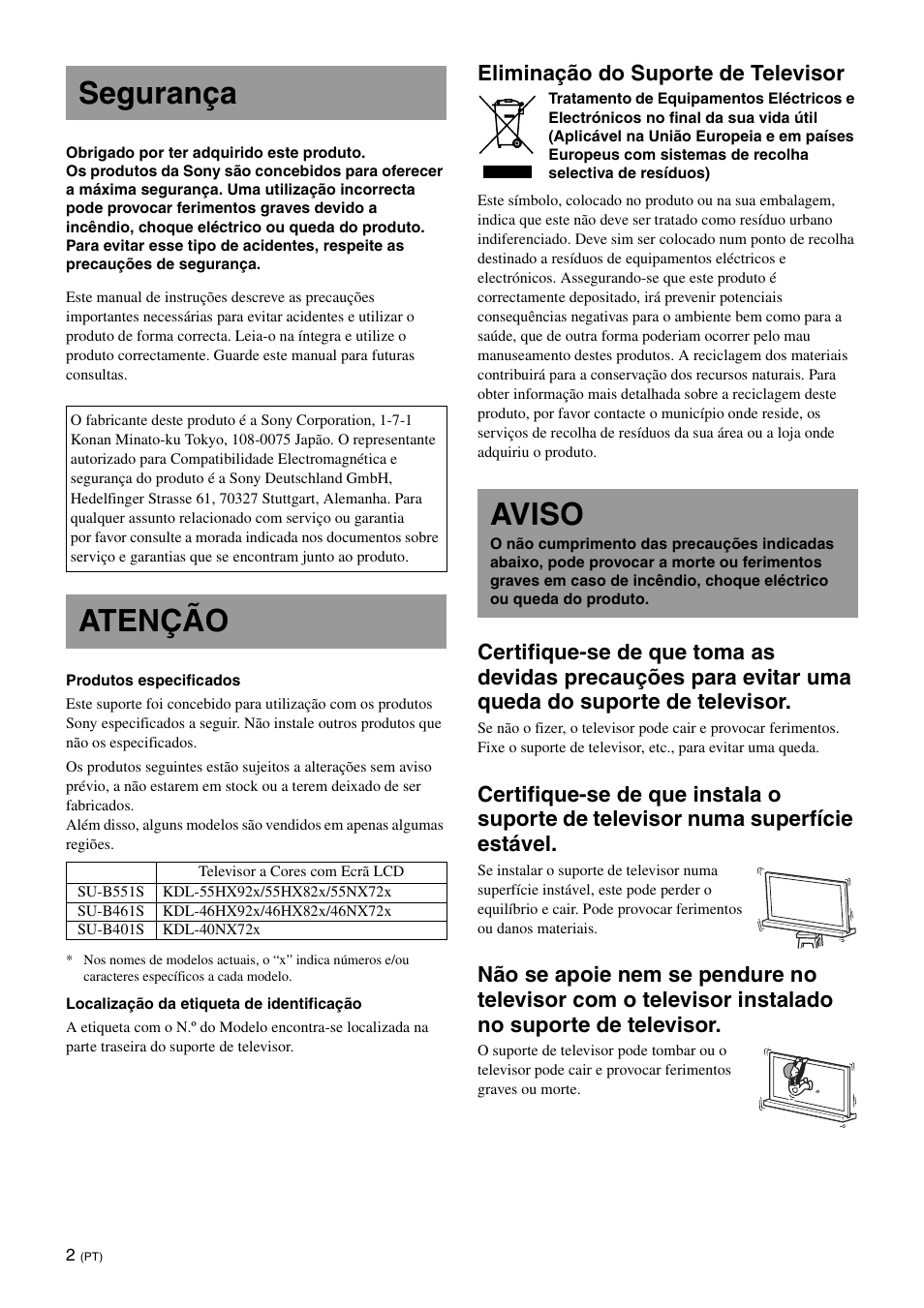 Segurança, Atenção, Aviso | Eliminação do suporte de televisor | Sony SU-B461S User Manual | Page 98 / 255