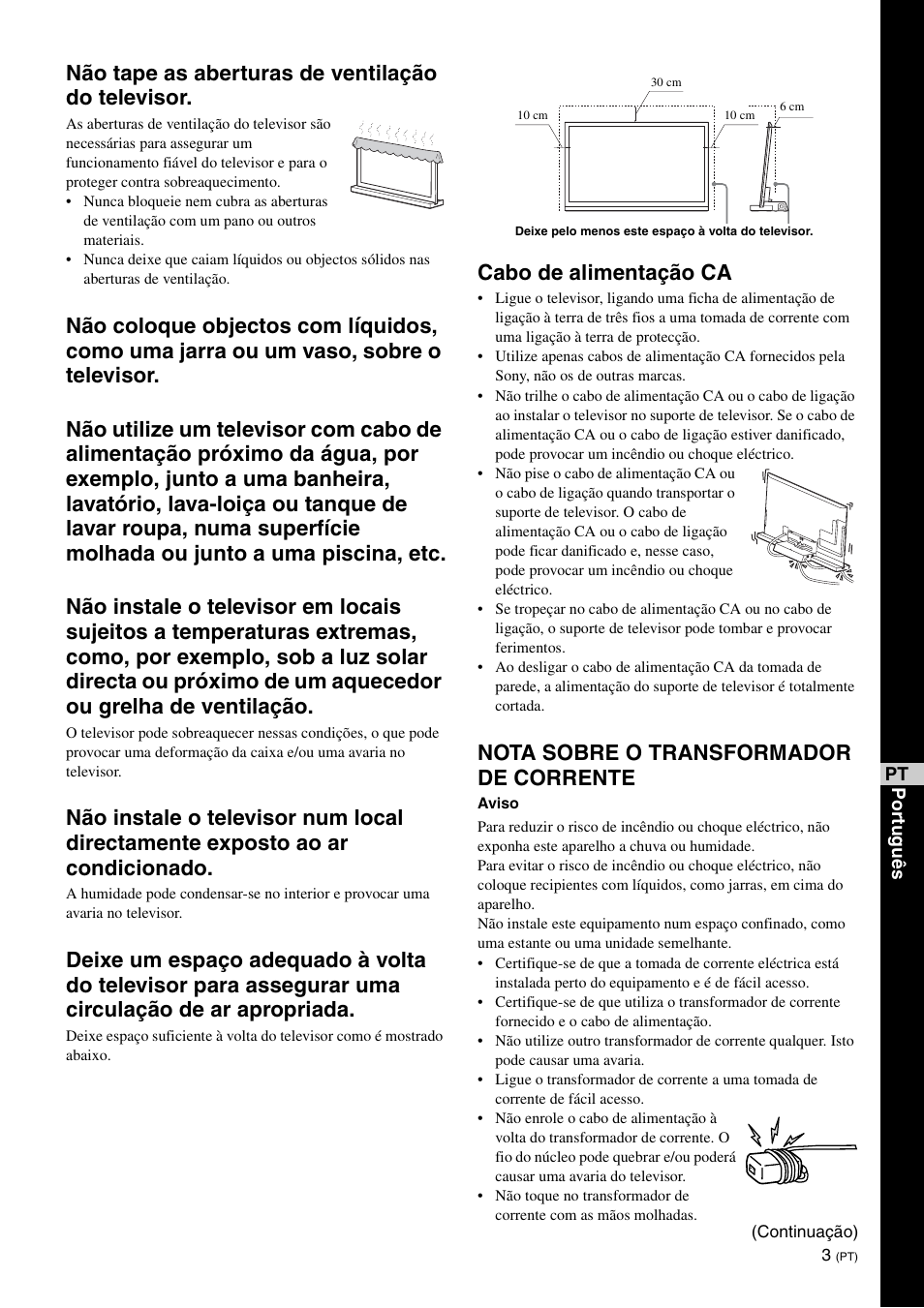 Não tape as aberturas de ventilação do televisor, Cabo de alimentação ca, Nota sobre o transformador de corrente | Sony SU-B461S User Manual | Page 99 / 255