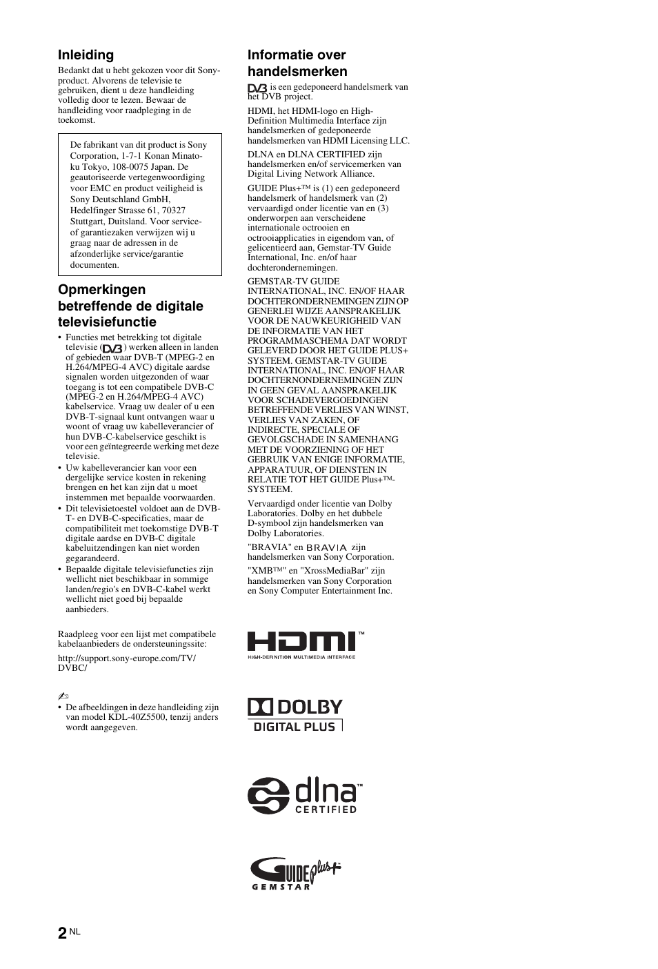 Inleiding, Informatie over handelsmerken | Sony KDL-46Z5500 User Manual | Page 106 / 160