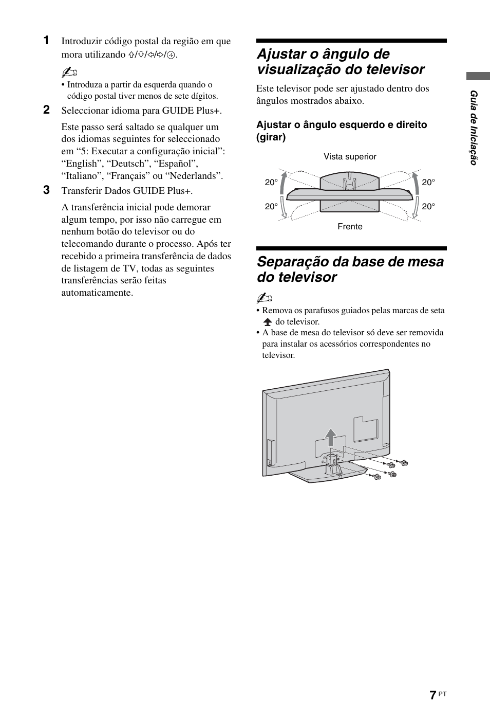 Ajustar o ângulo de visualização do televisor, Separação da base de mesa do televisor | Sony KDL-46Z5500 User Manual | Page 137 / 160