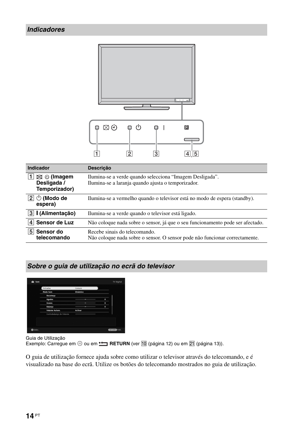 Indicadores, Sobre o guia de utilização no ecrã do televisor | Sony KDL-46Z5500 User Manual | Page 144 / 160