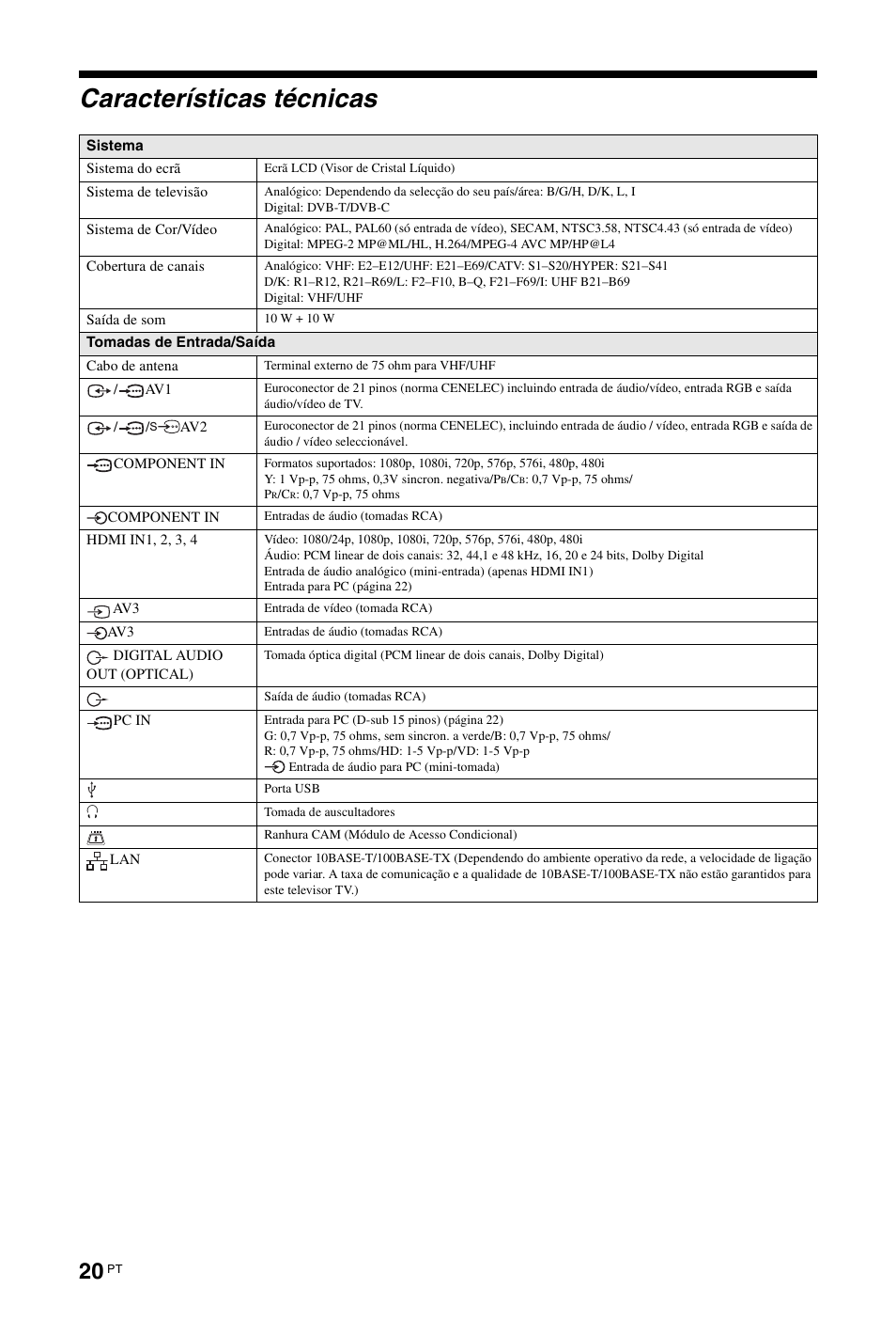 Características técnicas | Sony KDL-46Z5500 User Manual | Page 150 / 160