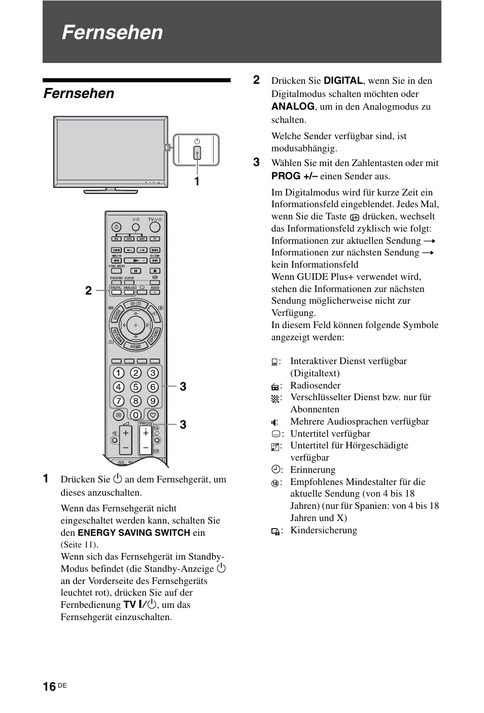 Fernsehen | Sony KDL-46Z5500 User Manual | Page 16 / 160