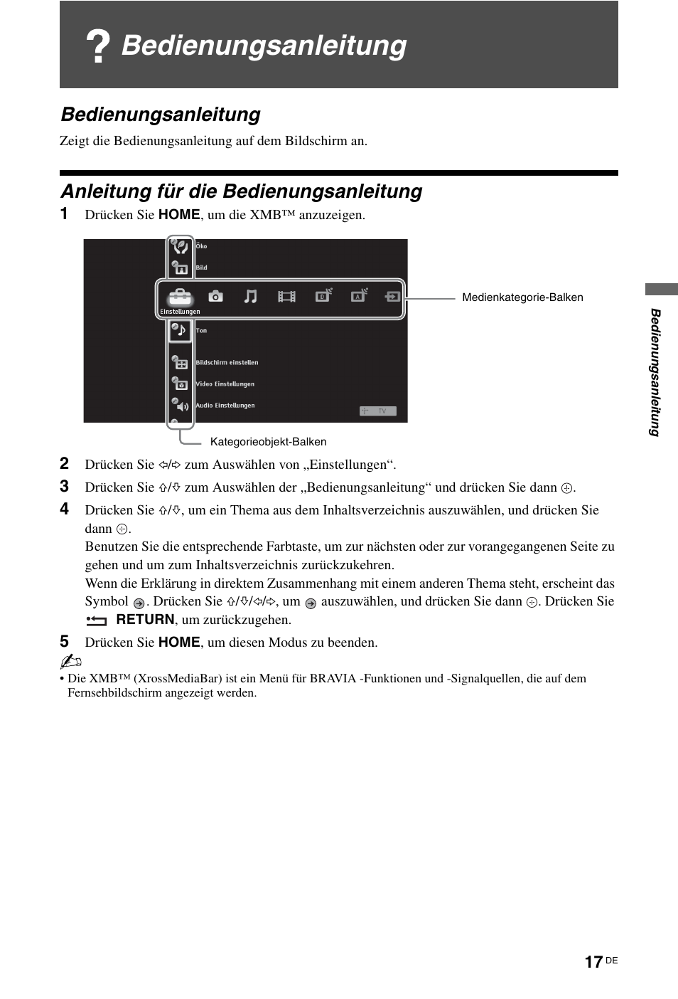 Bedienungsanleitung, Anleitung für die bedienungsanleitung | Sony KDL-46Z5500 User Manual | Page 17 / 160