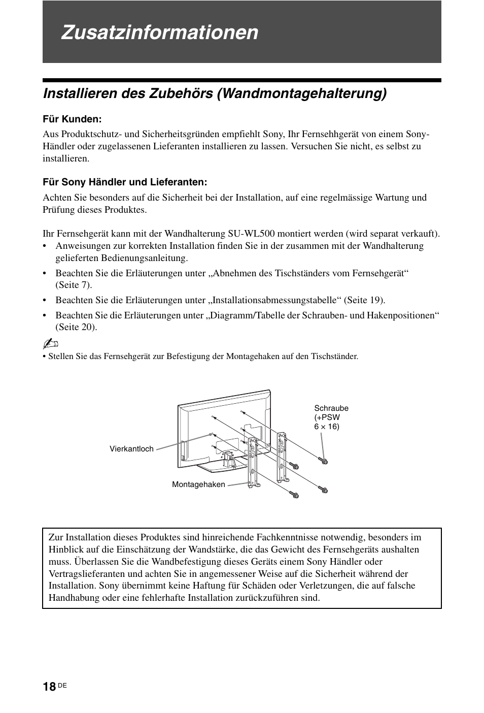 Zusatzinformationen, Installieren des zubehörs (wandmontagehalterung) | Sony KDL-46Z5500 User Manual | Page 18 / 160