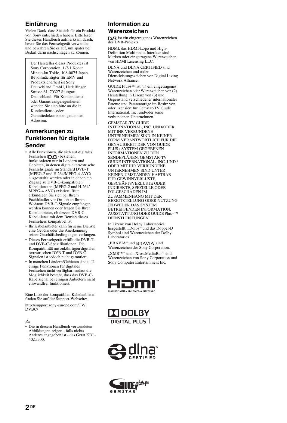 Einführung, Anmerkungen zu funktionen für digitale sender, Information zu warenzeichen | Sony KDL-46Z5500 User Manual | Page 2 / 160