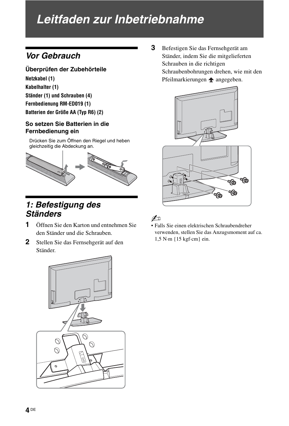 Leitfaden zur inbetriebnahme, Leitfaden zur inbetriebnahme 4, Vor gebrauch | Befestigung des ständers | Sony KDL-46Z5500 User Manual | Page 4 / 160