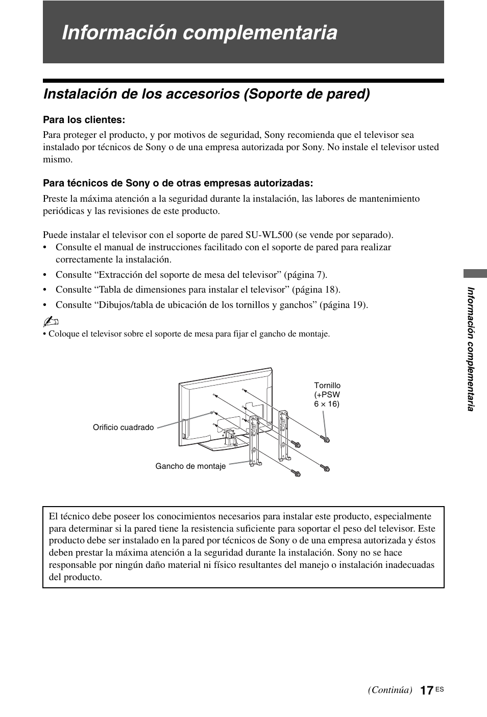 Información complementaria, Instalación de los accesorios (soporte de pared) | Sony KDL-46Z5500 User Manual | Page 43 / 160