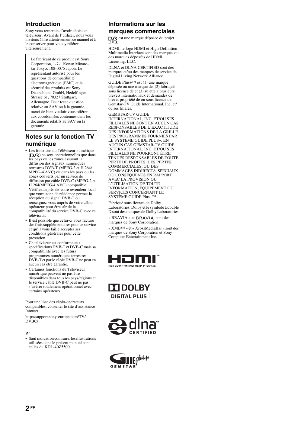 Introduction, Informations sur les marques commerciales | Sony KDL-46Z5500 User Manual | Page 54 / 160