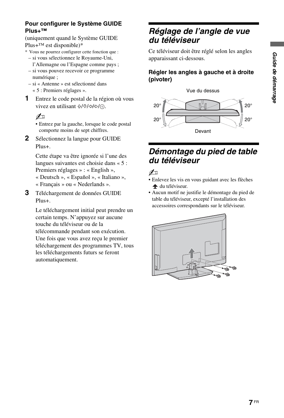 Réglage de l’angle de vue du téléviseur, Démontage du pied de table du téléviseur | Sony KDL-46Z5500 User Manual | Page 59 / 160