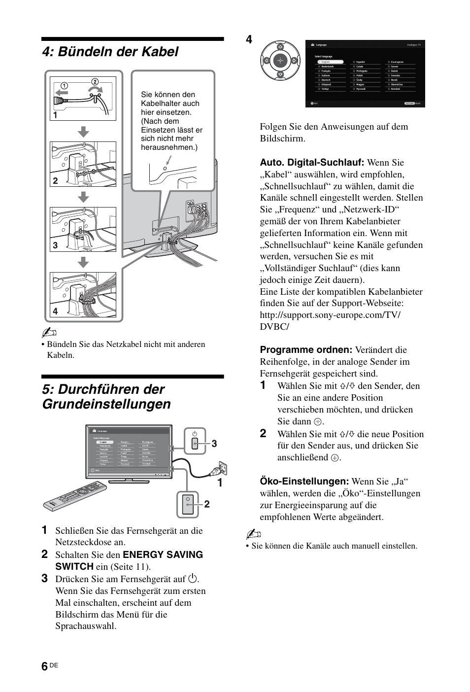 Bündeln der kabel, Durchführen der grundeinstellungen | Sony KDL-46Z5500 User Manual | Page 6 / 160