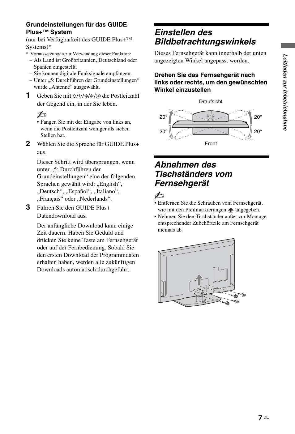 Einstellen des bildbetrachtungswinkels, Abnehmen des tischständers vom fernsehgerät | Sony KDL-46Z5500 User Manual | Page 7 / 160