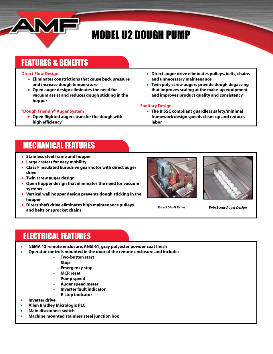 Model u2 dough pump, Features, Benefits mechanical features electrical features | AMF U2 User Manual | Page 2 / 4