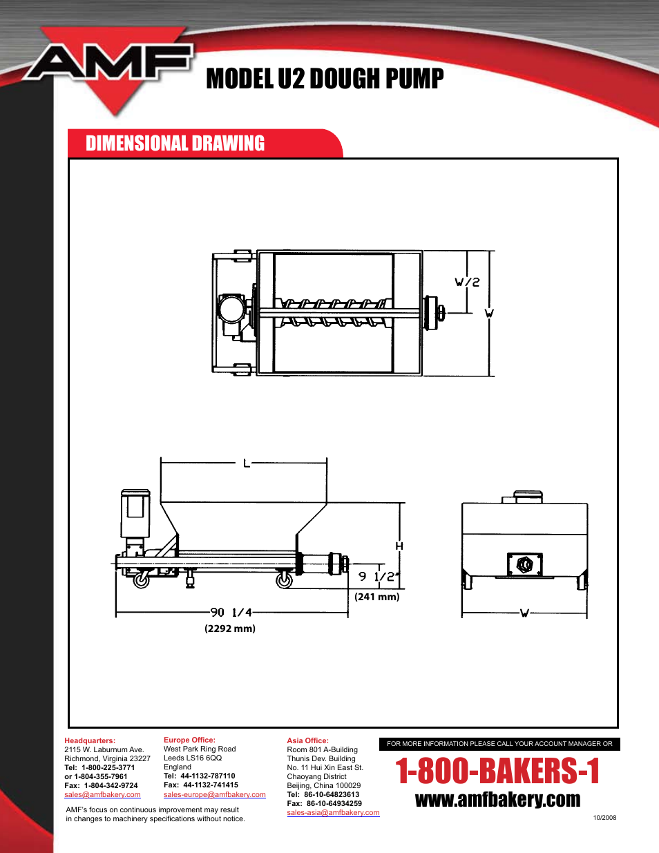 800-bakers-1, Model u2 dough pump, Dimensional drawing | AMF U2 User Manual | Page 4 / 4