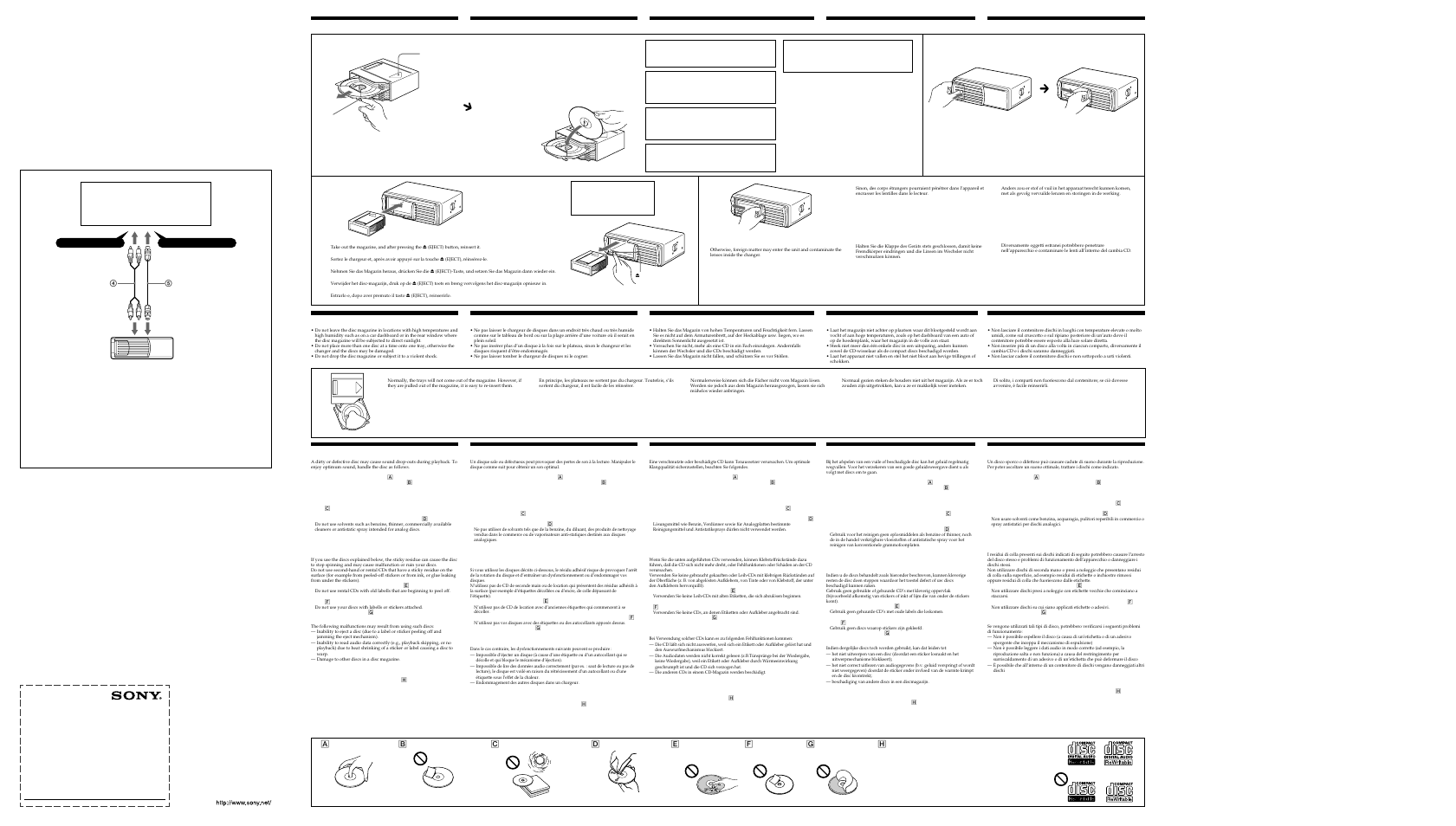 C2 1 4 3, Geräte-pass, Bus audio in bus control in | Caraudio, Opmerkingen betreffende het disc-magazijn, Inserimento di un disco, Remarques sur le chargeur de disques, Hinweise zum cd-magazin, Inserting a disc, Hinweise zum umgang mit cds | Sony CDX-656 User Manual | Page 2 / 2