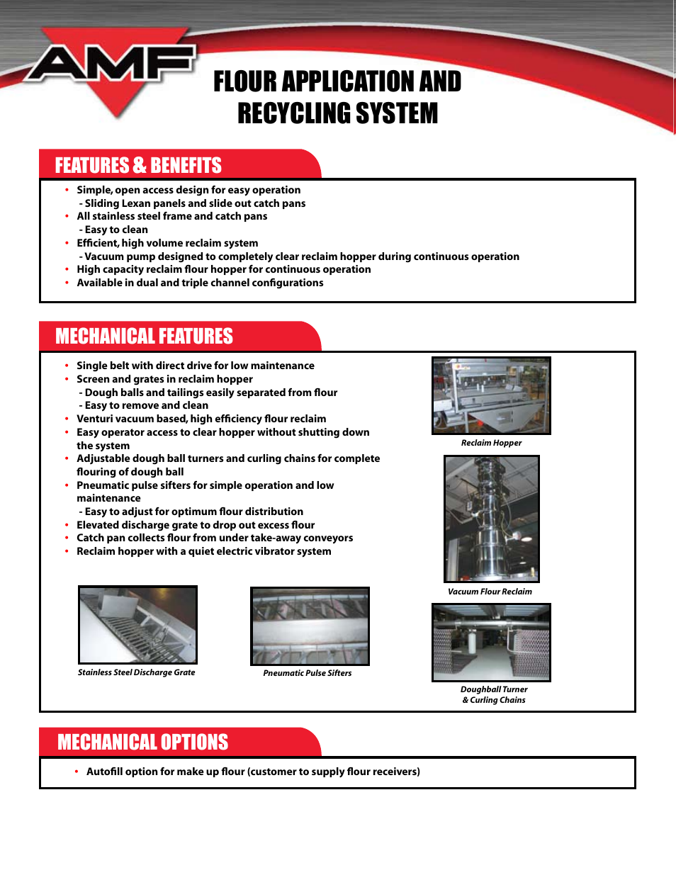 Flour application and recycling system, Features, Benefits mechanical features | Mechanical options | AMF Flour Application and Recycling System User Manual | Page 2 / 4