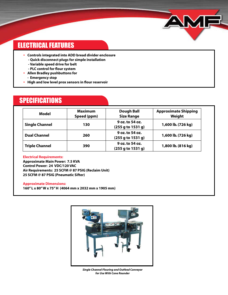 Specifications electrical features | AMF Flour Application and Recycling System User Manual | Page 3 / 4