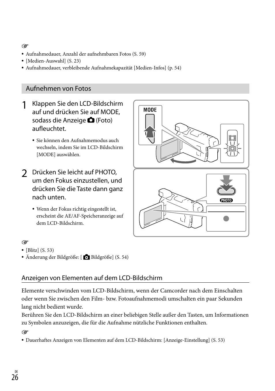 Aufnehmen von fotos, O (26), Y (26) | Sony HDR-PJ780VE User Manual | Page 100 / 371