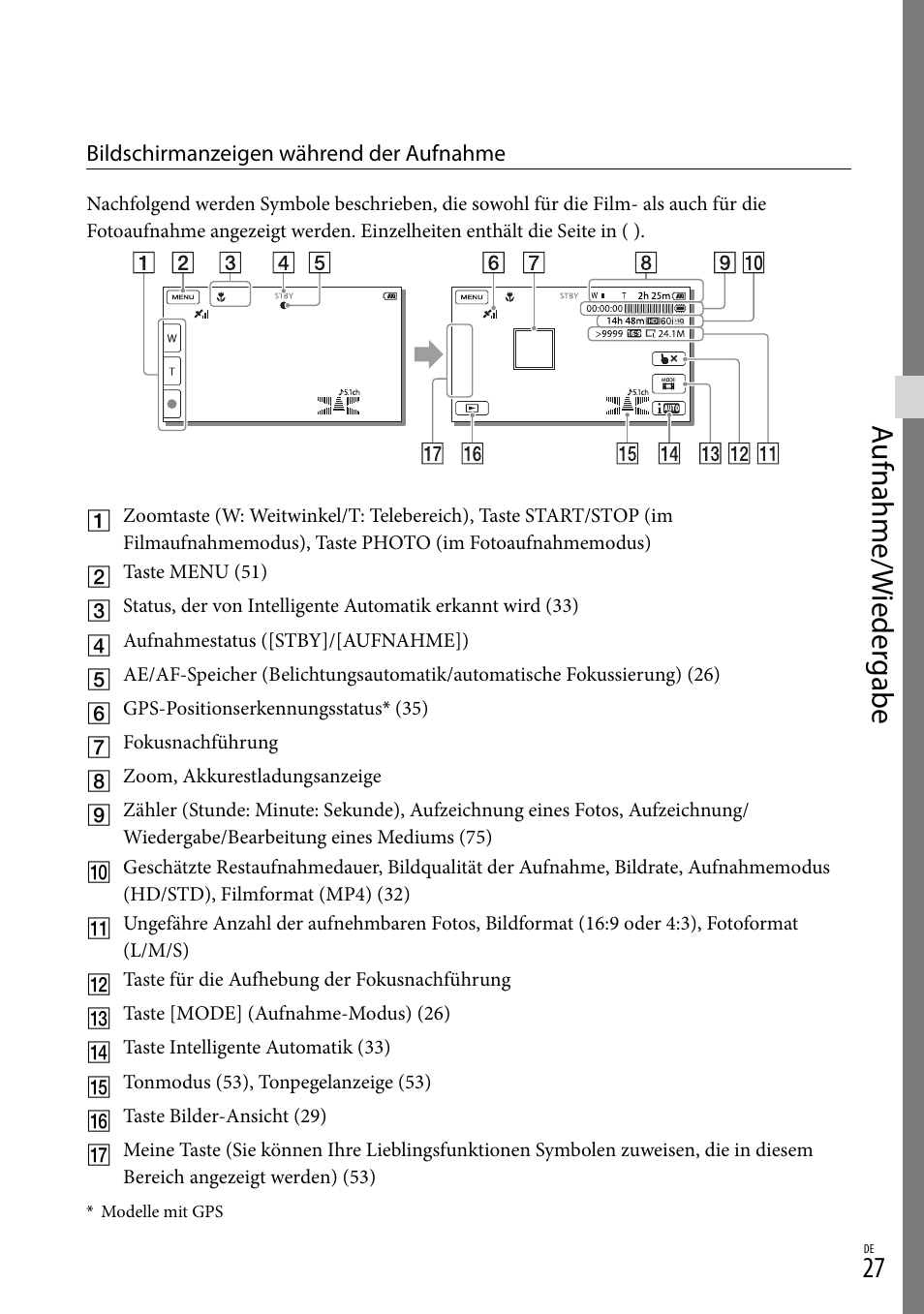 Aufnahme/w ieder gabe | Sony HDR-PJ780VE User Manual | Page 101 / 371