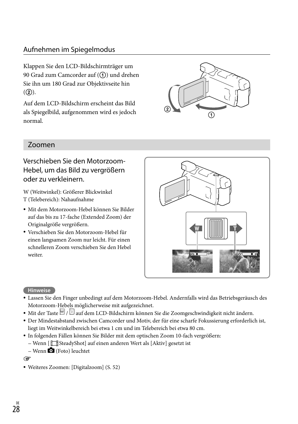 Zoomen, Oom-hebel (28), Aufnehmen im spiegelmodus | Sony HDR-PJ780VE User Manual | Page 102 / 371