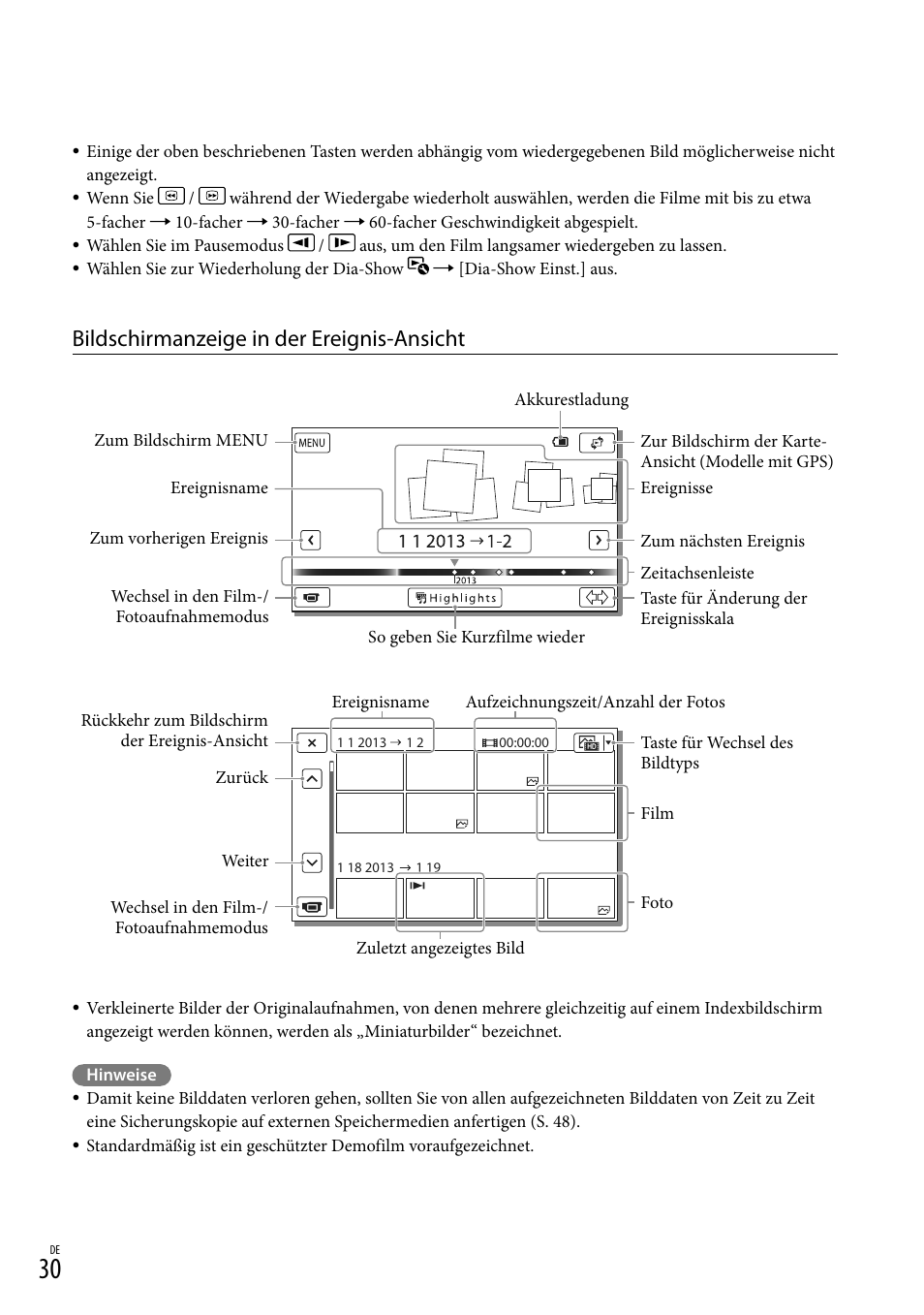 Ow (30), Bildschirmanzeige in der ereignis-ansicht | Sony HDR-PJ780VE User Manual | Page 104 / 371