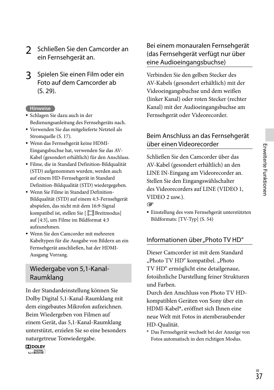 Wiedergabe von 5,1-kanal-raumklang, Wiedergabe von 5,1-kanal- raumklang | Sony HDR-PJ780VE User Manual | Page 111 / 371