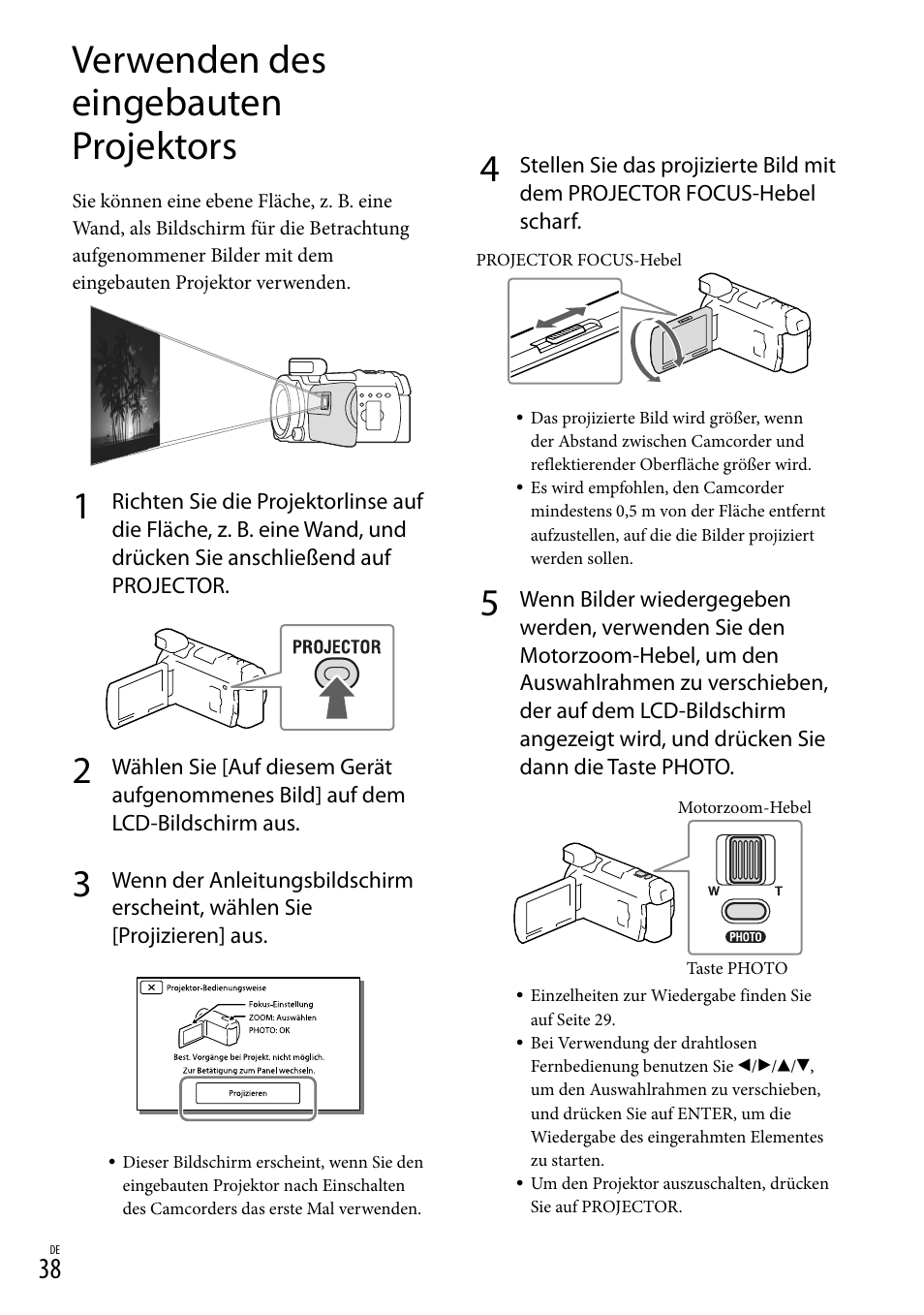 Verwenden des eingebauten projektors, Hebel (38), Linse (38) | Or (38) | Sony HDR-PJ780VE User Manual | Page 112 / 371