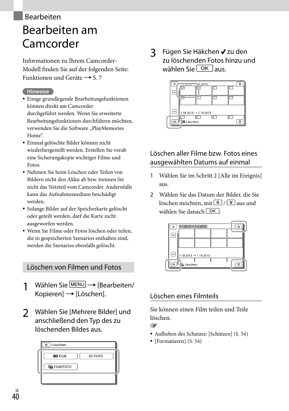 Bearbeiten, Bearbeiten am camcorder, Löschen von filmen und fotos | Sony HDR-PJ780VE User Manual | Page 114 / 371