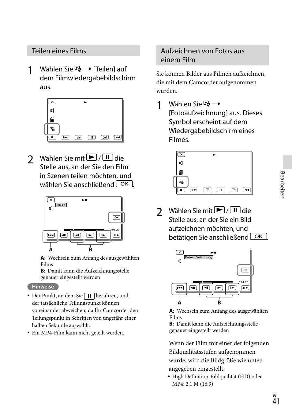 Teilen eines films, Aufzeichnen von fotos aus einem film | Sony HDR-PJ780VE User Manual | Page 115 / 371