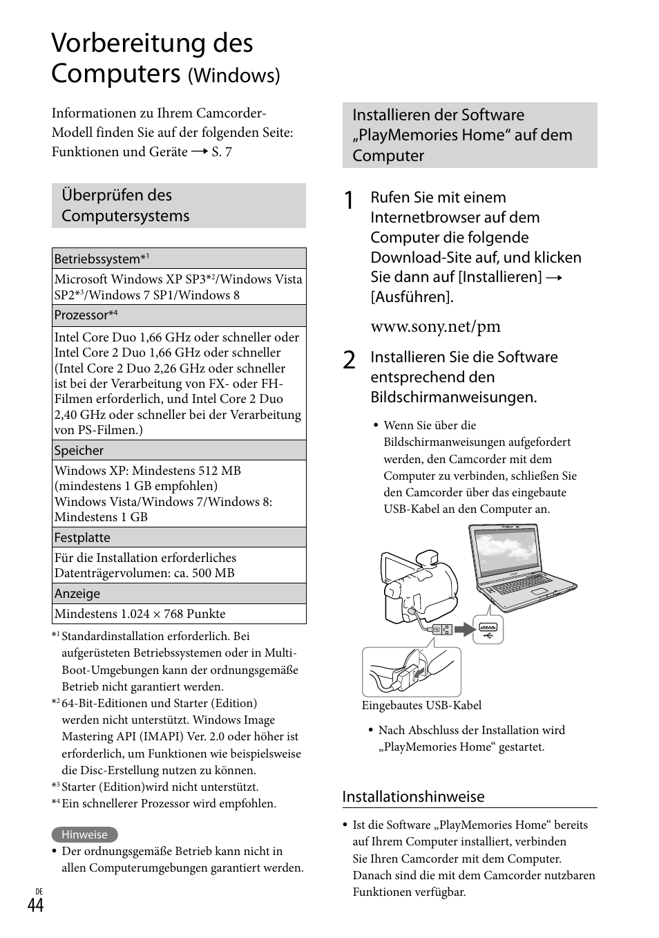 Vorbereitung des computers (windows), Überprüfen des computersystems, Vorbereitung des computers | Windows), Ausführen, Installationshinweise | Sony HDR-PJ780VE User Manual | Page 118 / 371