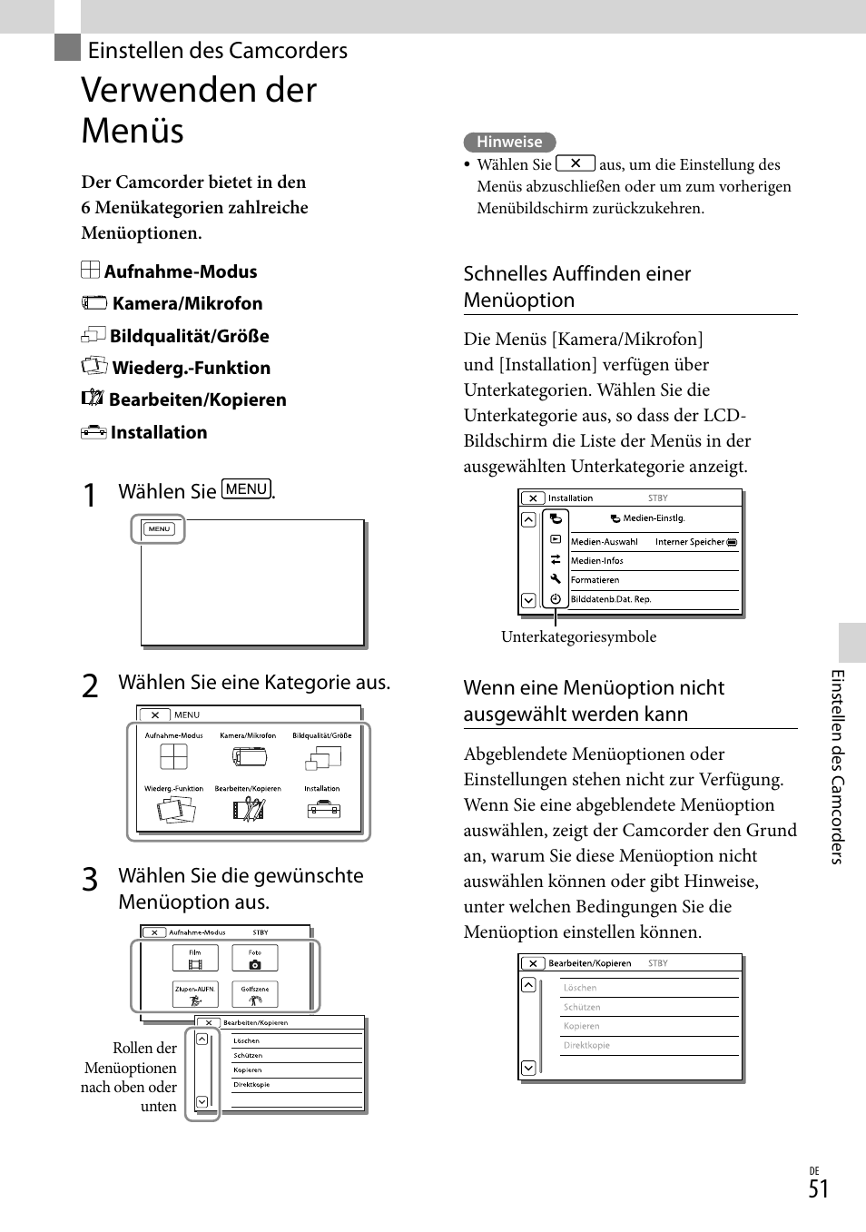 Einstellen des camcorders, Verwenden der menüs, E menu (51) | Sony HDR-PJ780VE User Manual | Page 125 / 371
