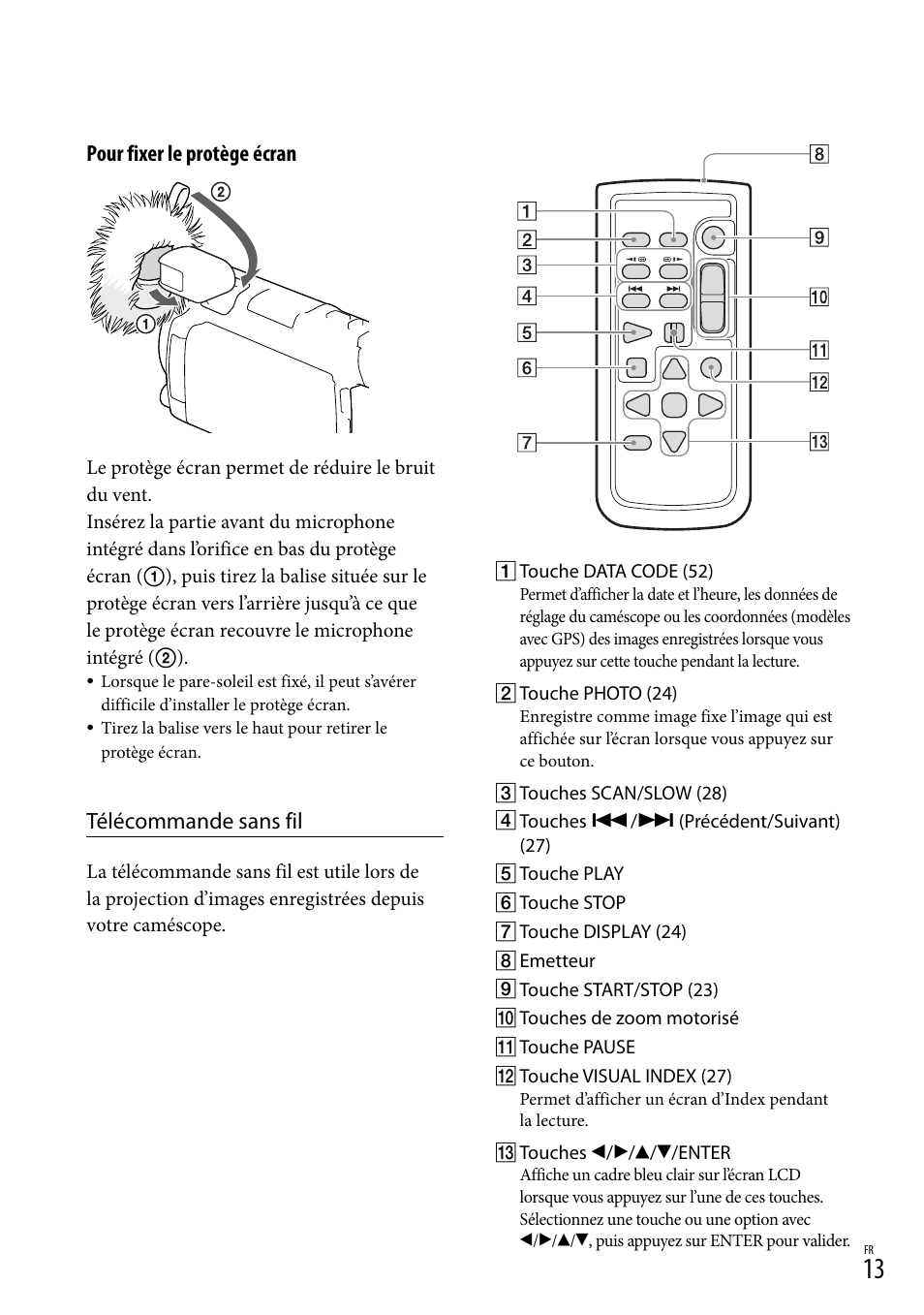 Pour fixer le protège écran, Télécommande sans fil | Sony HDR-PJ780VE User Manual | Page 13 / 371