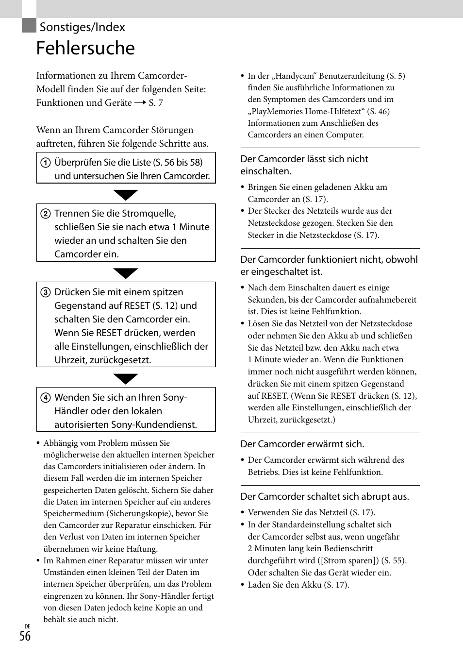 Sonstiges/index, Fehlersuche | Sony HDR-PJ780VE User Manual | Page 130 / 371