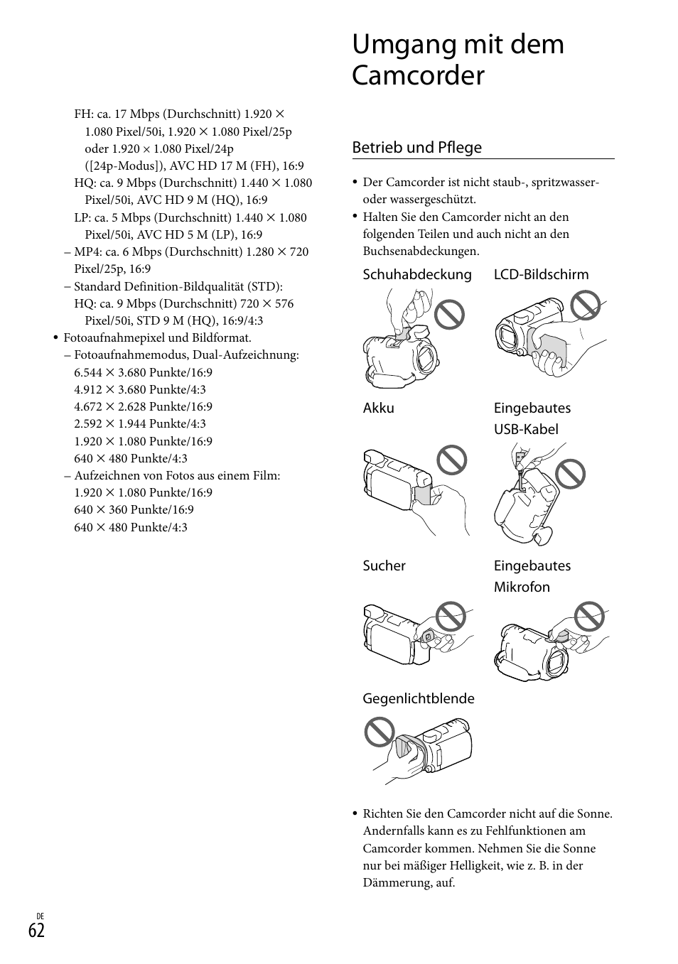 Umgang mit dem camcorder, Betrieb und pflege | Sony HDR-PJ780VE User Manual | Page 136 / 371