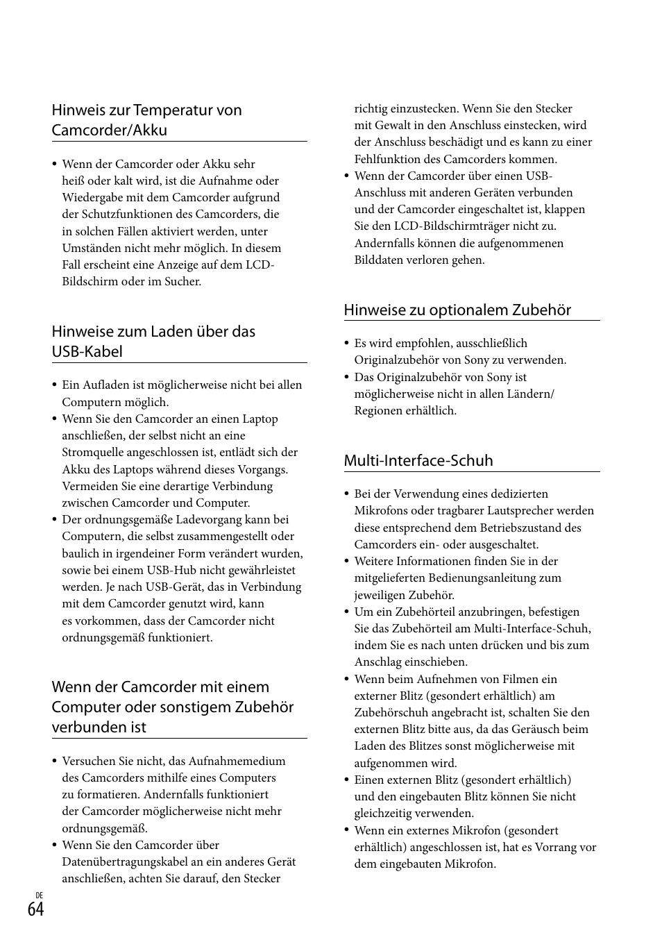 Hinweis zur temperatur von camcorder/akku, Hinweise zum laden über das usb-kabel, Hinweise zu optionalem zubehör | Multi-interface-schuh | Sony HDR-PJ780VE User Manual | Page 138 / 371