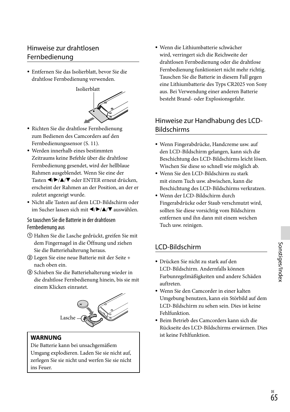 Hinweise zur drahtlosen fernbedienung, Hinweise zur handhabung des lcd- bildschirms, Lcd-bildschirm | Sony HDR-PJ780VE User Manual | Page 139 / 371