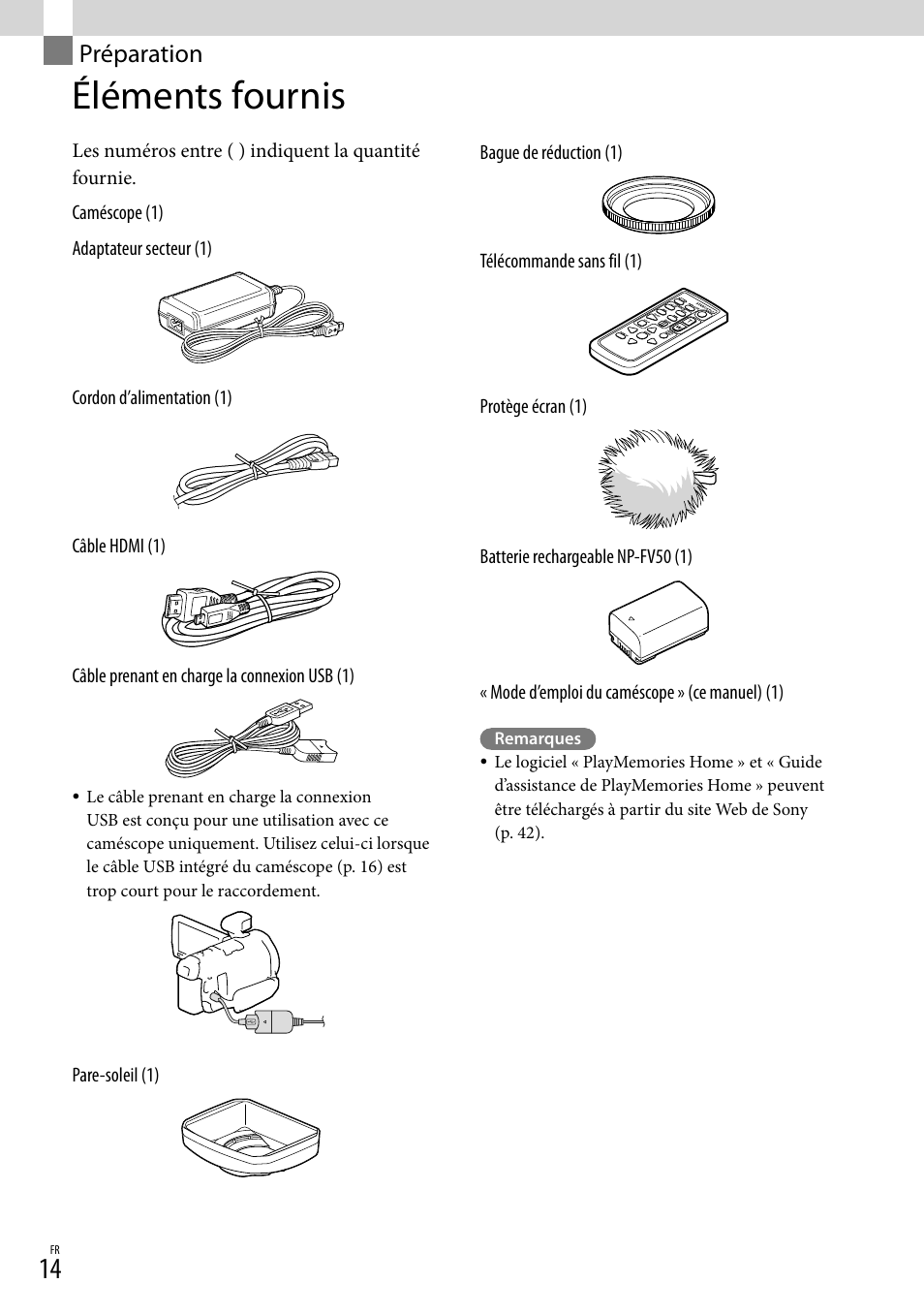 Préparation, Éléments fournis | Sony HDR-PJ780VE User Manual | Page 14 / 371