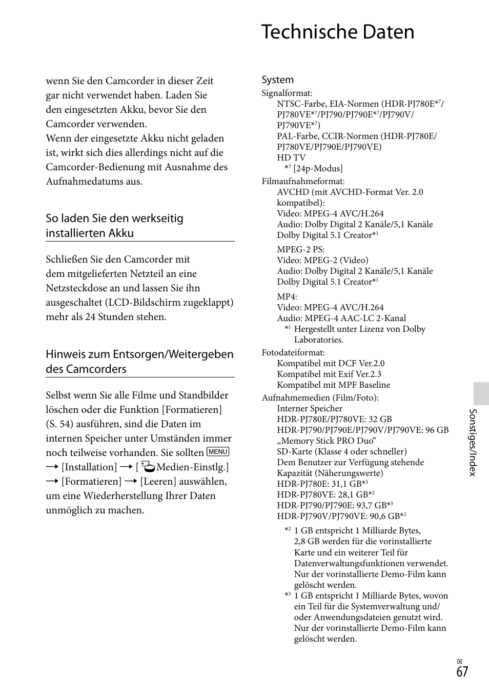 Technische daten, So laden sie den werkseitig installierten akku, Hinweis zum entsorgen/weitergeben des camcorders | Sony HDR-PJ780VE User Manual | Page 141 / 371