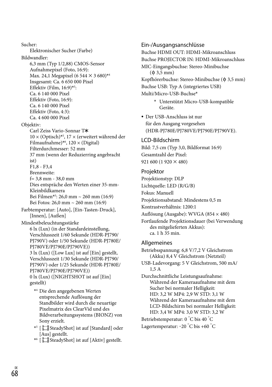 Ein-/ausgangsanschlüsse, Lcd-bildschirm, Projektor | Allgemeines | Sony HDR-PJ780VE User Manual | Page 142 / 371