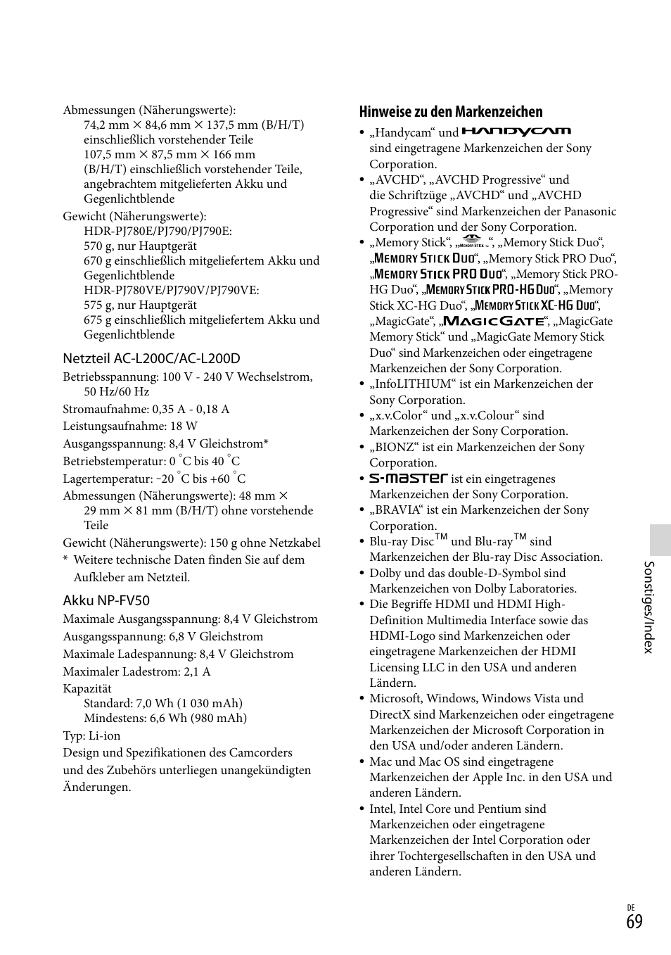 Hinweise zu den markenzeichen, Akku np-fv50 | Sony HDR-PJ780VE User Manual | Page 143 / 371