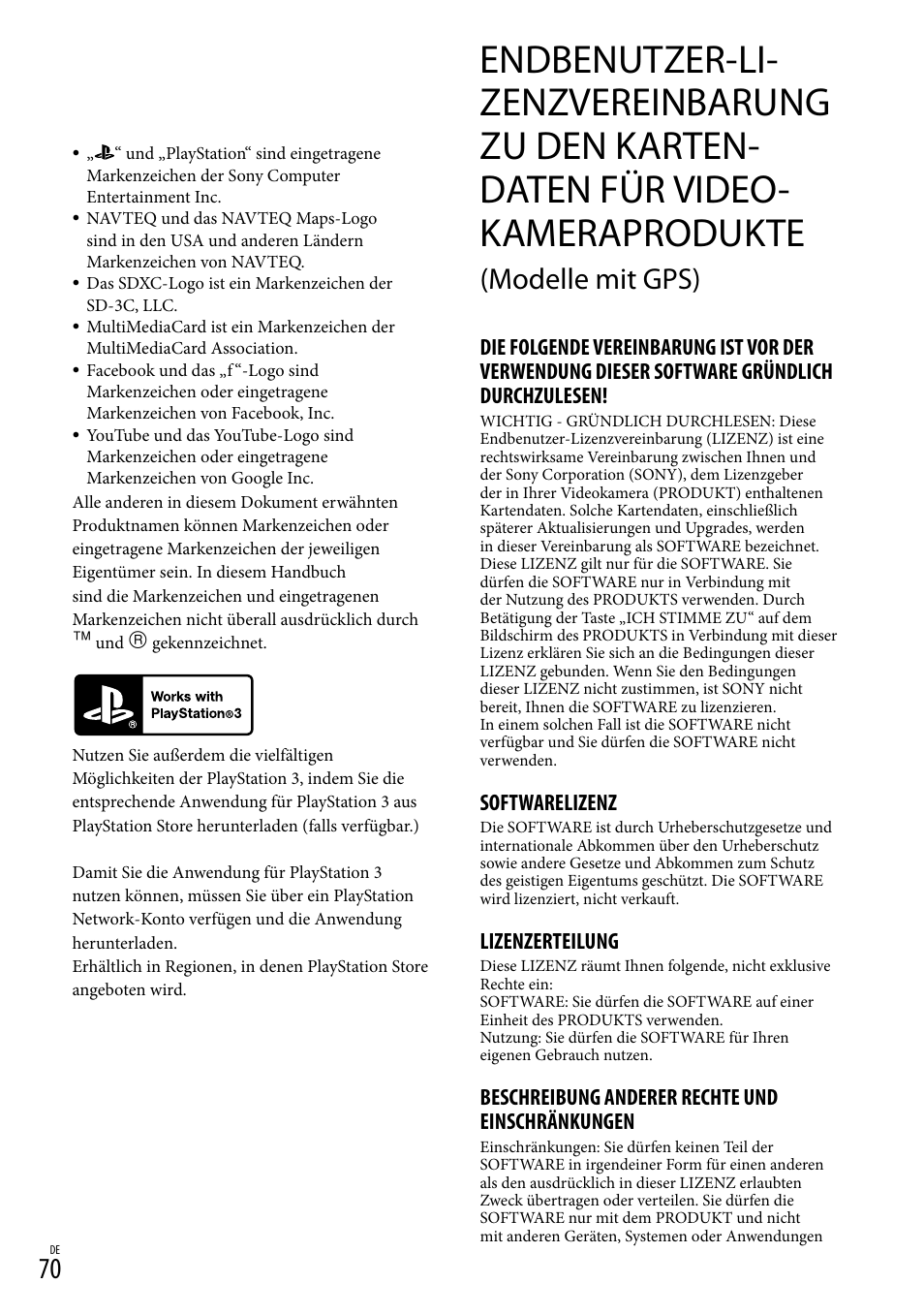 Videokameraprodukte (modelle mit gps), Modelle mit gps), Softwarelizenz | Lizenzerteilung, Beschreibung anderer rechte und einschränkungen | Sony HDR-PJ780VE User Manual | Page 144 / 371