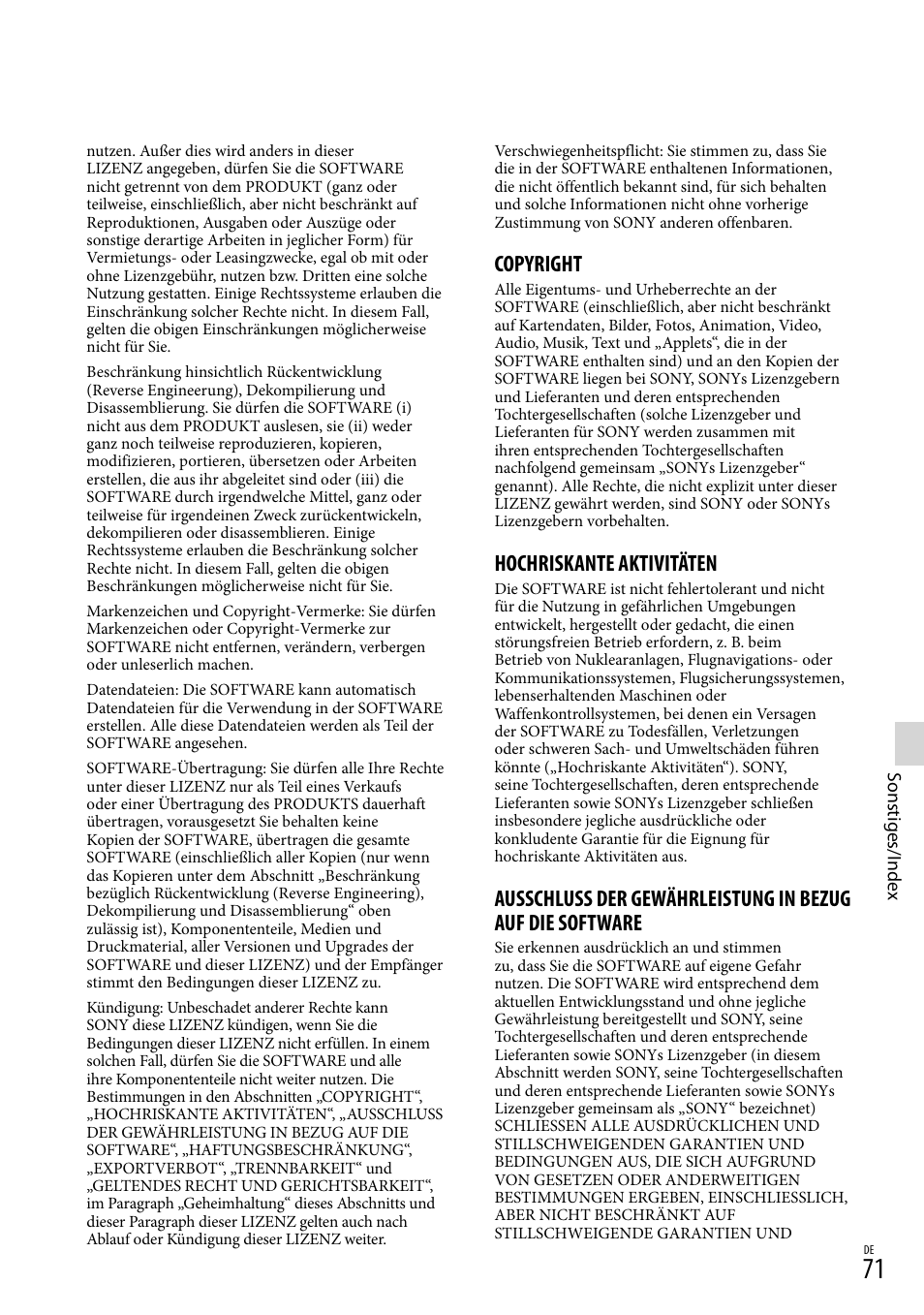 Copyright, Hochriskante aktivitäten | Sony HDR-PJ780VE User Manual | Page 145 / 371